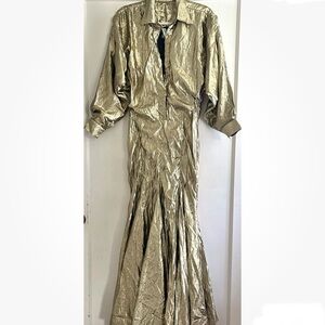 Vintage 80's Norma Kamali OMO Gold Metallic Lamé Gown Dress Size XS S